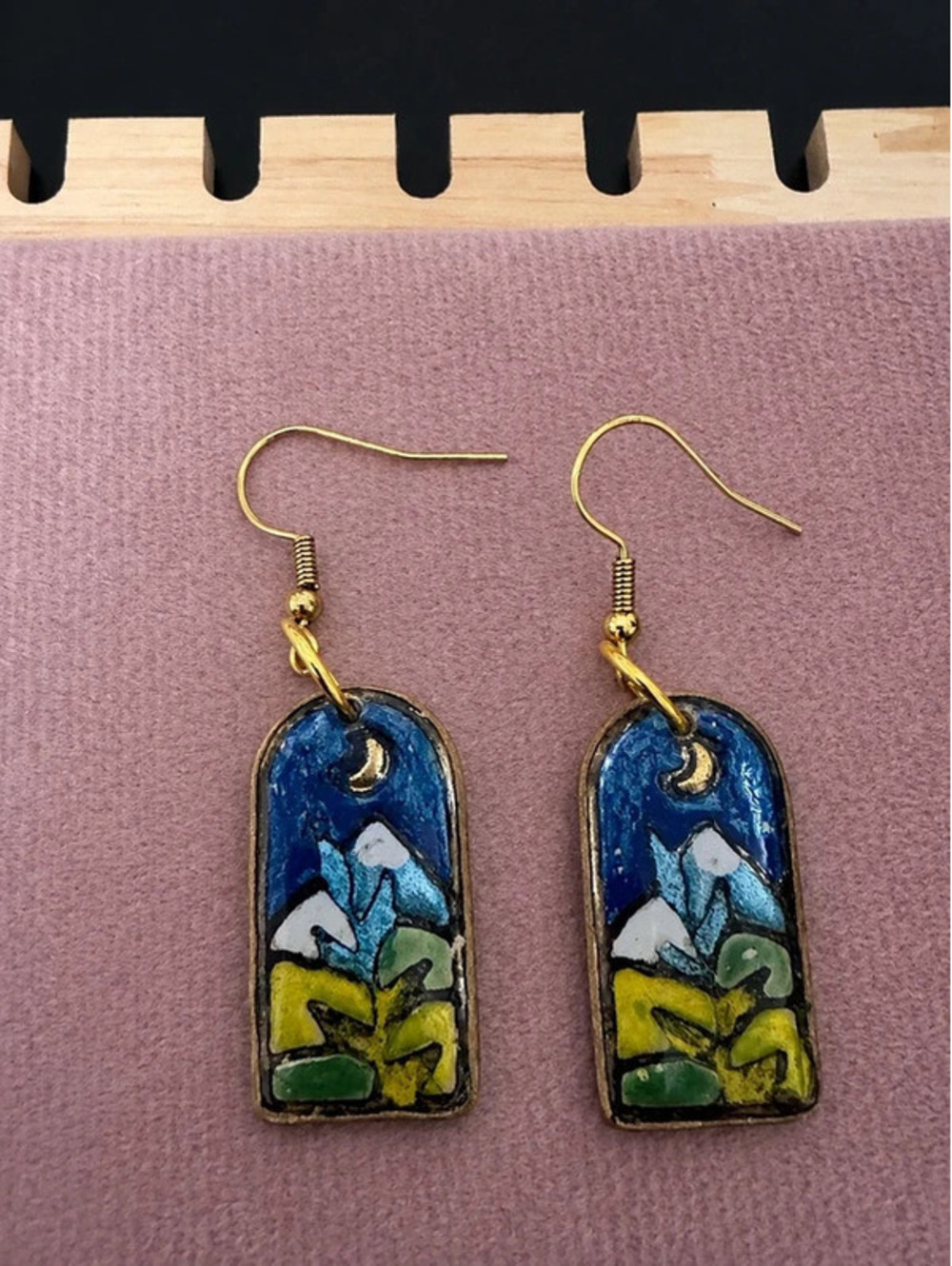 Hand Painted Mountain and Moon Dangle Earrings